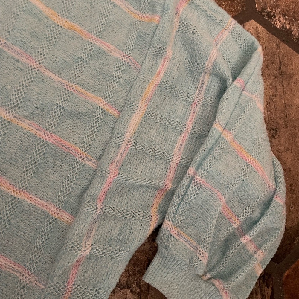 Vintage powder blue knit striped boat neck pullover 3/4 sleeve batwing style - Picture 5 of 8